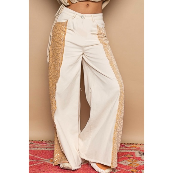 POL Floral Sequin & Velvet Side Stripe Wide Leg Jeans - Picture 8 of 15